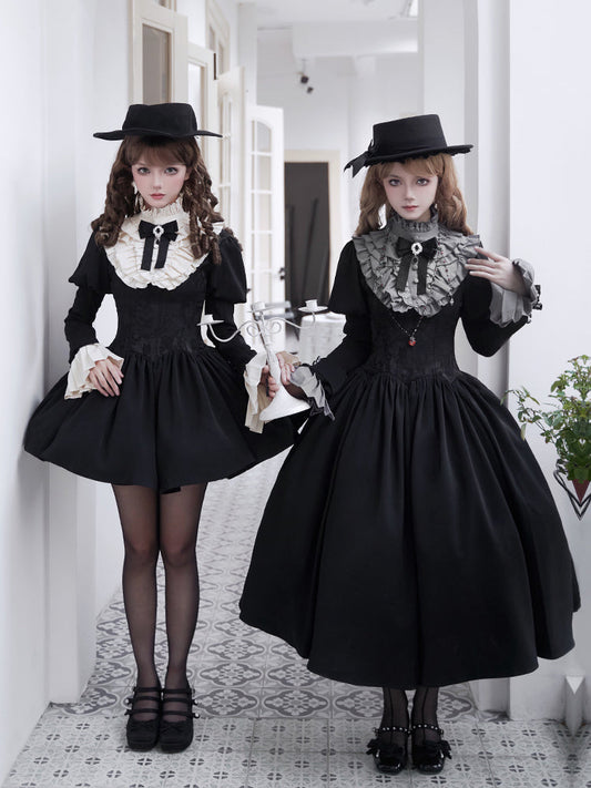Black & Cream Whimsical Lolita Dress – Multi-Tiered Lace Skirt