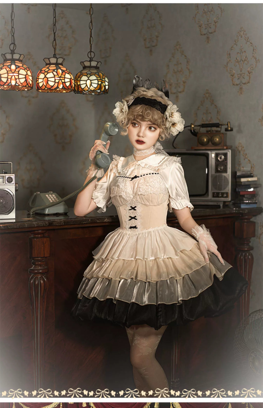 Paris Sunset JSK Fishbone with Built-in Bra Pads, Layered Skirt, Dramatic Full-Skirt Streamer Lolita Dress for All Seasons