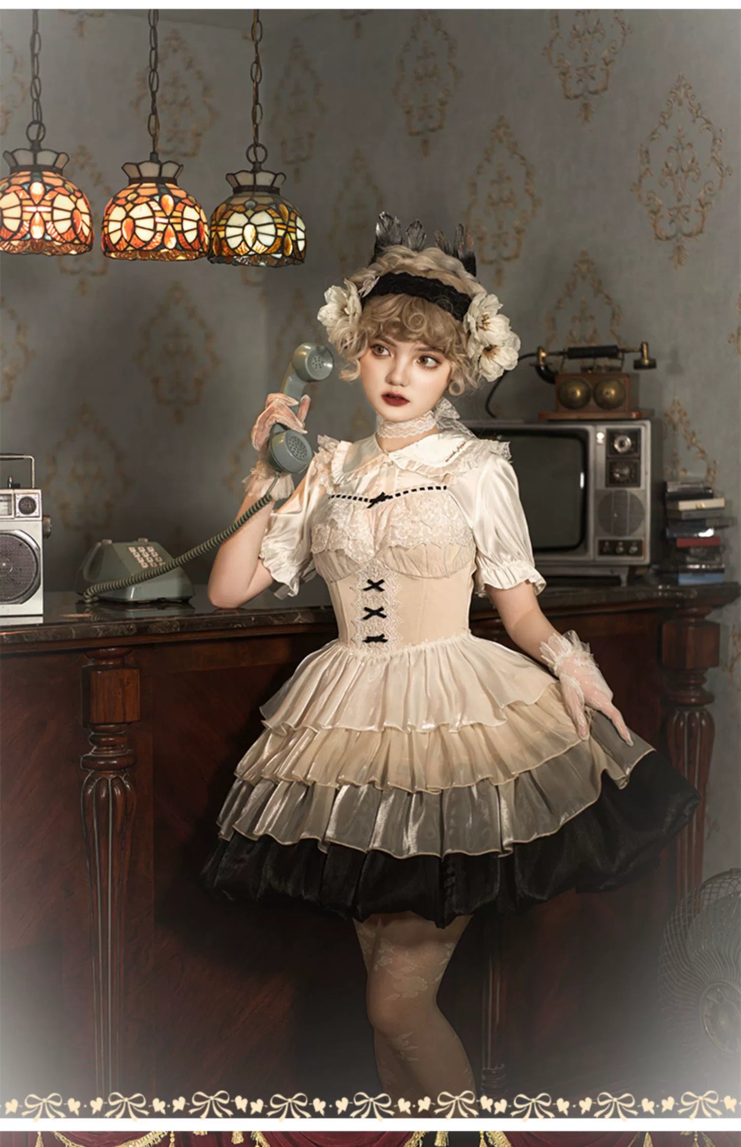 Paris Sunset JSK Fishbone with Built-in Bra Pads, Layered Skirt, Dramatic Full-Skirt Streamer Lolita Dress for All Seasons