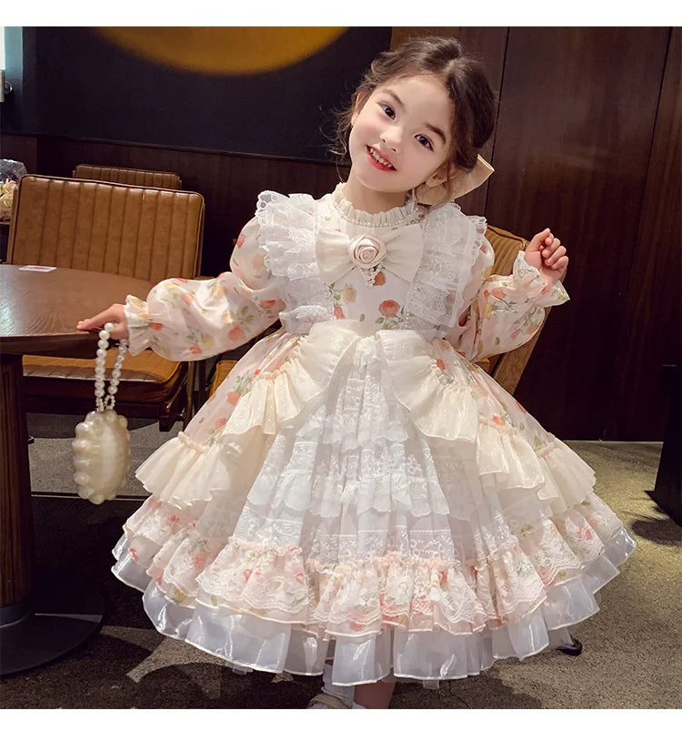 Charming Pastel Pink Lolita Dress for Girls - Floral Embellished, Multi-Layered Skirt, Perfect for Tea Parties and Special Occasions