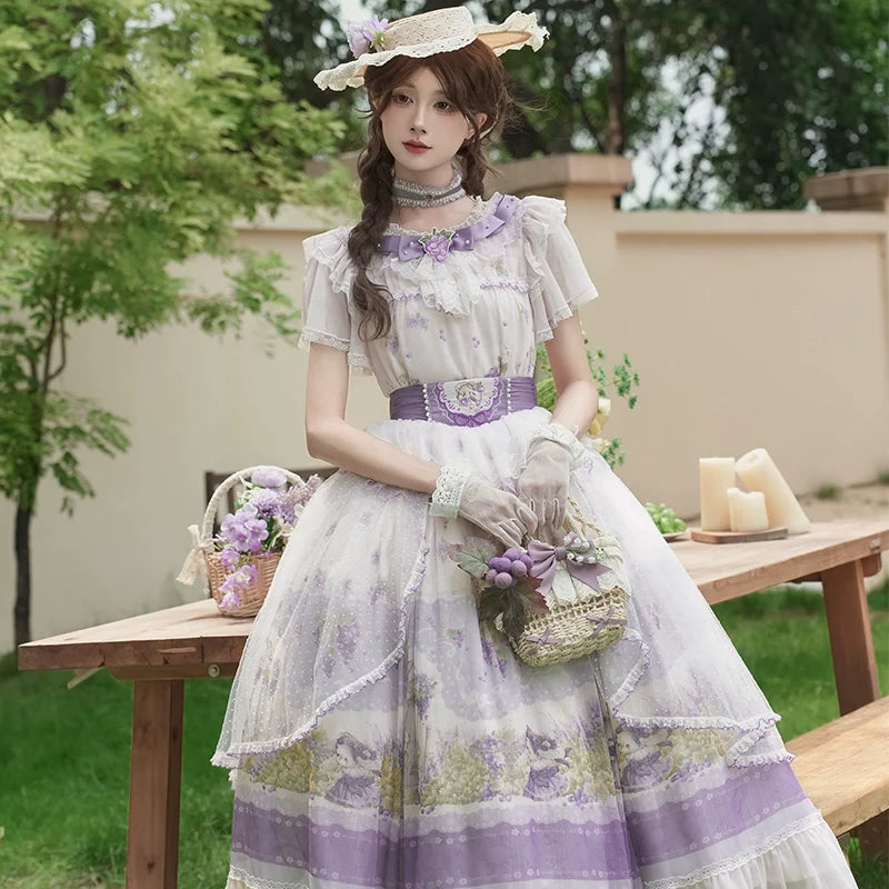 Lolita Dress - Delicate Purple - hued with Floral Patterns, Short - sleeved and Floor - length