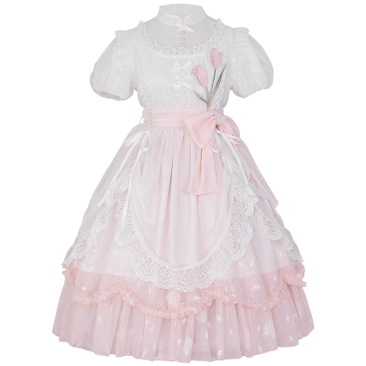 Elegant Pink and White Lace Lolita Dress with Puffed Sleeves and Ruffled Skirt