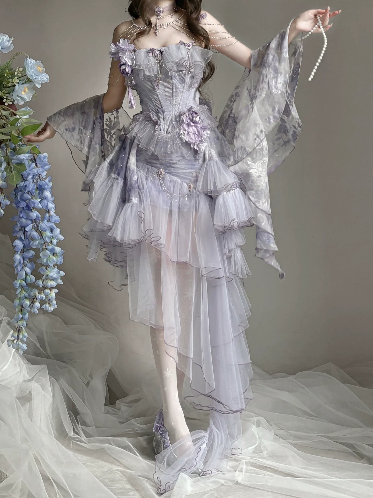 Dreamy Lavender Lolita Gown with Floral Embellishments, Layered Tulle Skirt