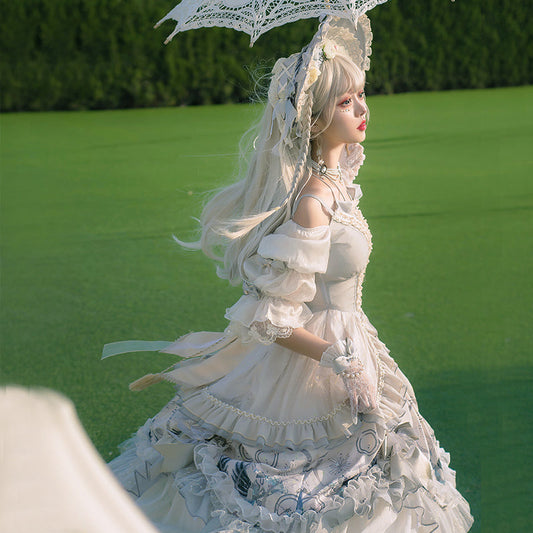 Ethereal Cream Floral Lolita Dress with Puffed Sleeves and Multi-Tiered Skirt