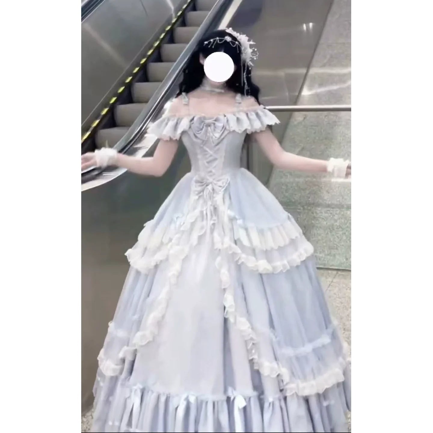 Elegant Light - Blue Off - the - Shoulder Lolita Dress: Ruffled and Bow - adorned