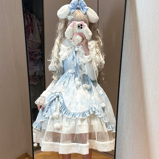 Lolita Dress with Fluffy Ears Headband - Sweet Pastel Blue and White Princess - Style Cosplay Costume