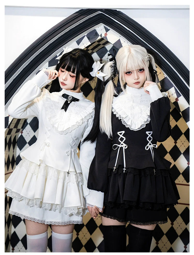 Gothic Lolita Dress with White Lace Collar, Long Sleeves and Lace - up Details