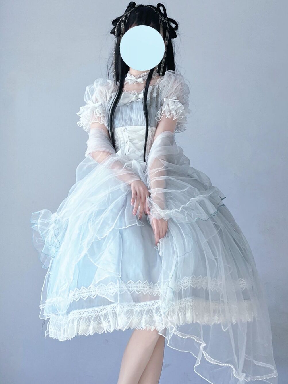 Ethereal Pastel Blue Lolita OP with Delicate Lace Accents and Adjustable Waist Ties