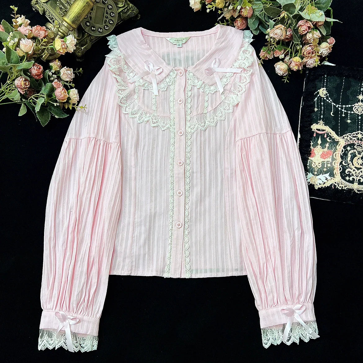 Lolita Dress Summer Peter Pan Collar Short Sleeve Cotton Shirt, White/ Black