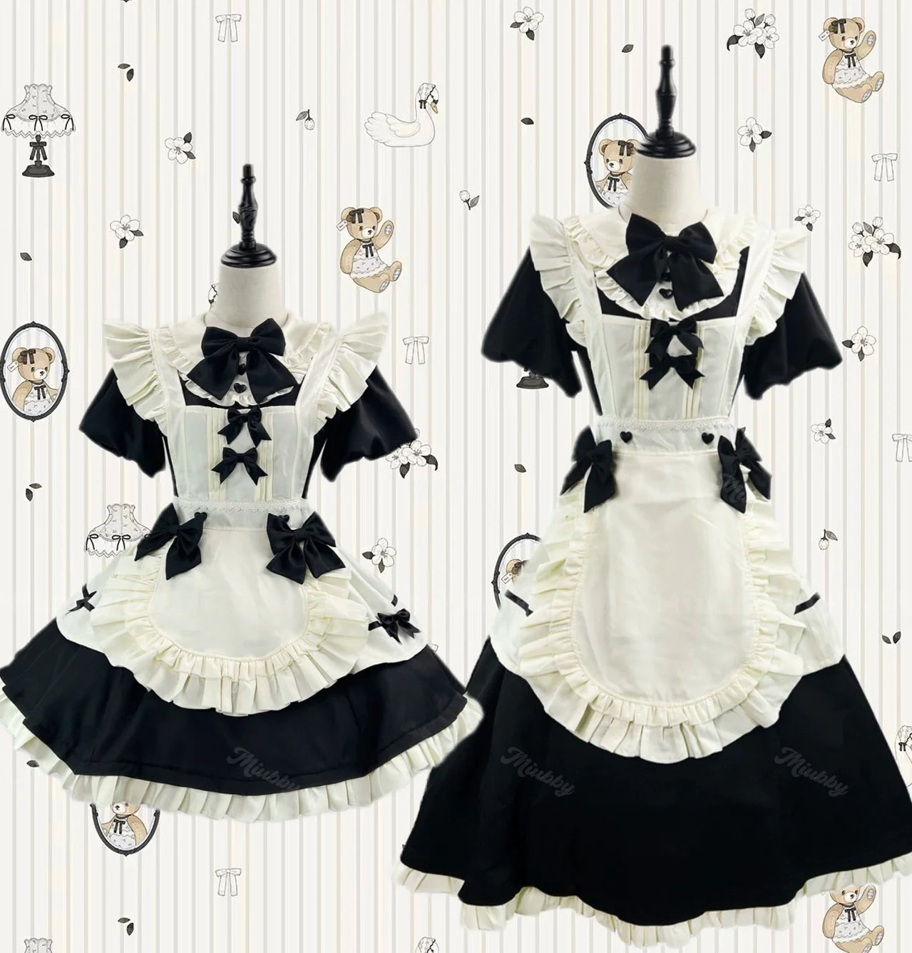 Elegant Black and White Lolita Maid Dress with Ruffled Skirt and Delicate Bows