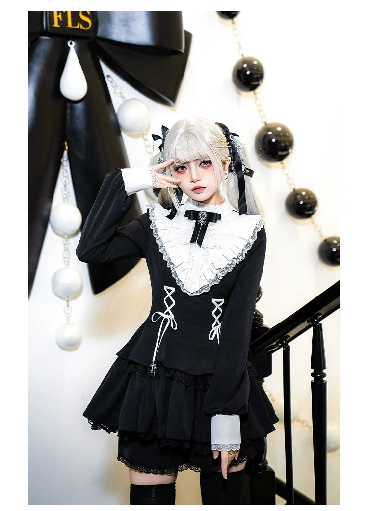 Gothic Lolita Dress with White Lace Collar, Long Sleeves and Lace - up Details
