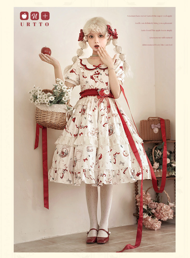 Vintage Whimsy Lolita OP - Cream Floral Pattern with Red Accents
