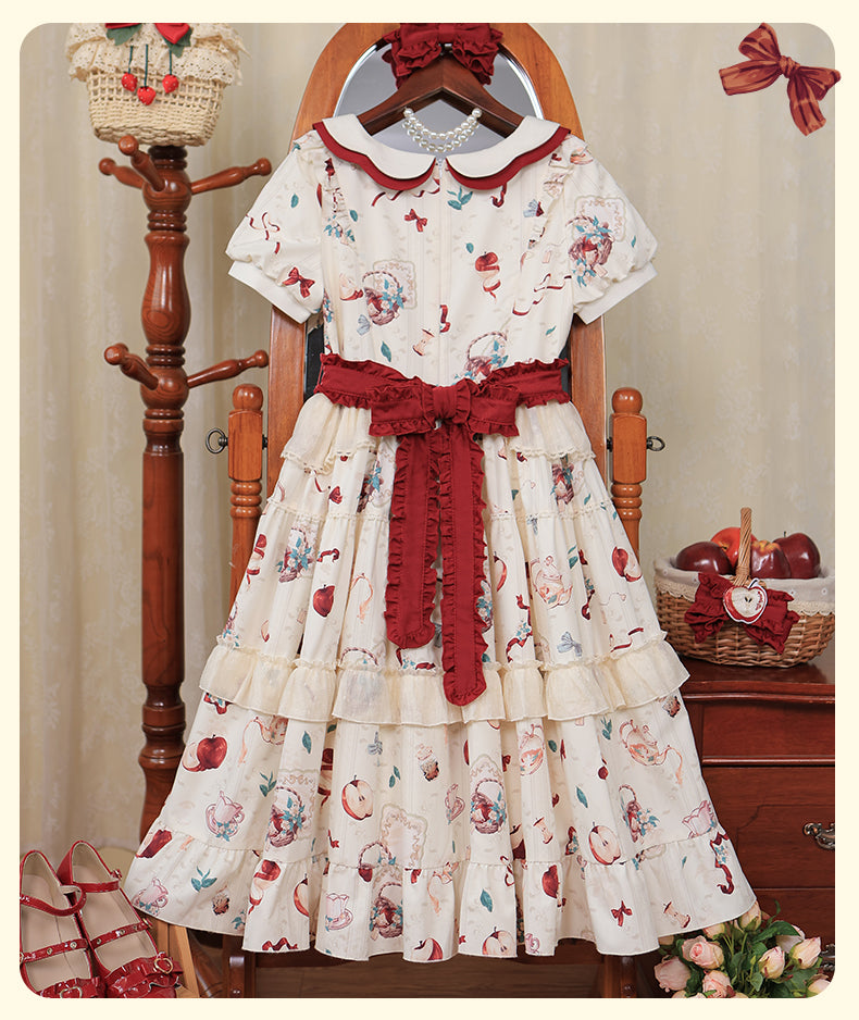 Vintage Whimsy Lolita OP - Cream Floral Pattern with Red Accents