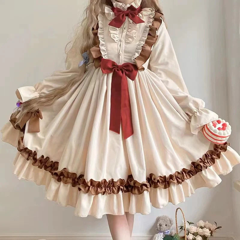 Tea Rose Charm Lolita Dress - Classic Long Sleeve OP with Ruffles and Velvet Bows