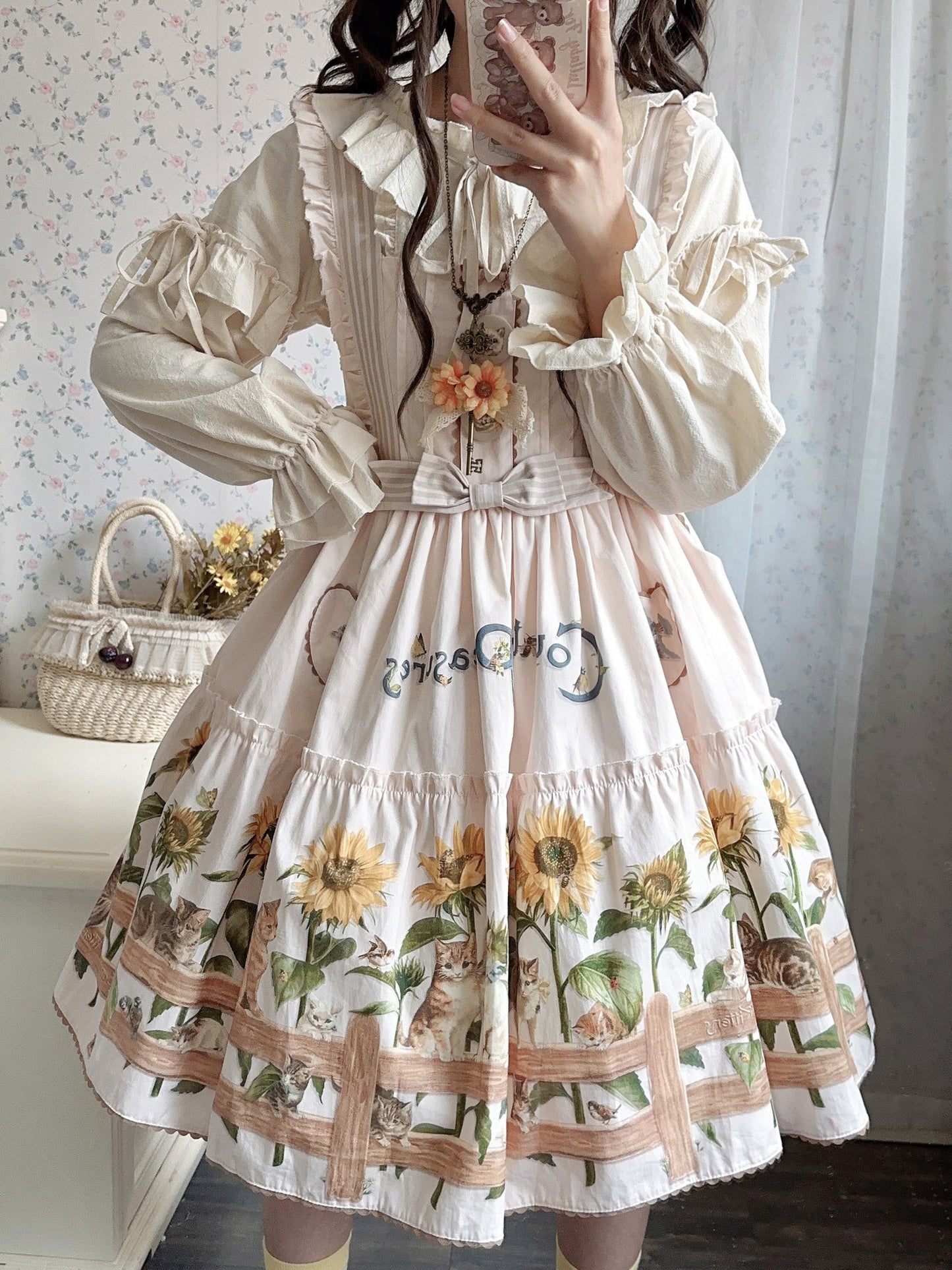 Sunflower Paradise: Cat and Sunflower JSK Lolita with a Big Skirt