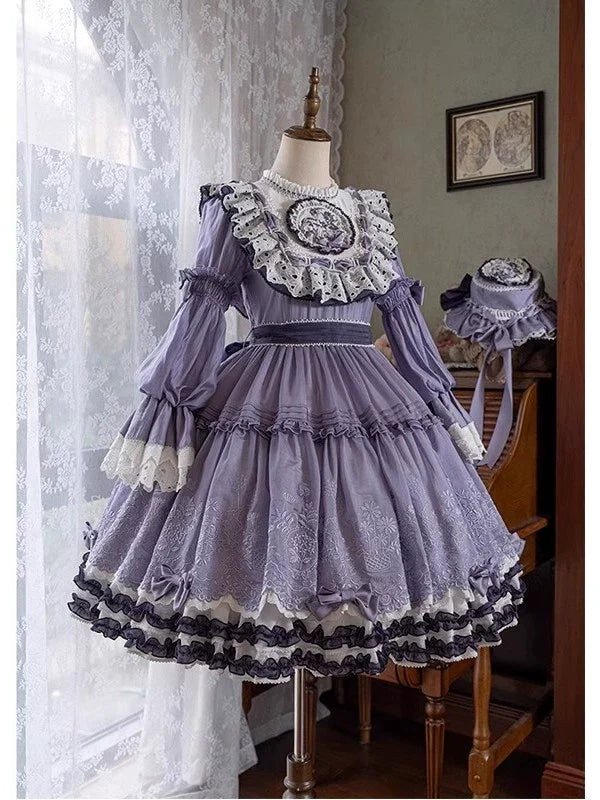 Elegant Lavender Lolita OP Dress with Lace and Ruffled Trims - Versatile and Whimsical Vintage-Inspired Fashion