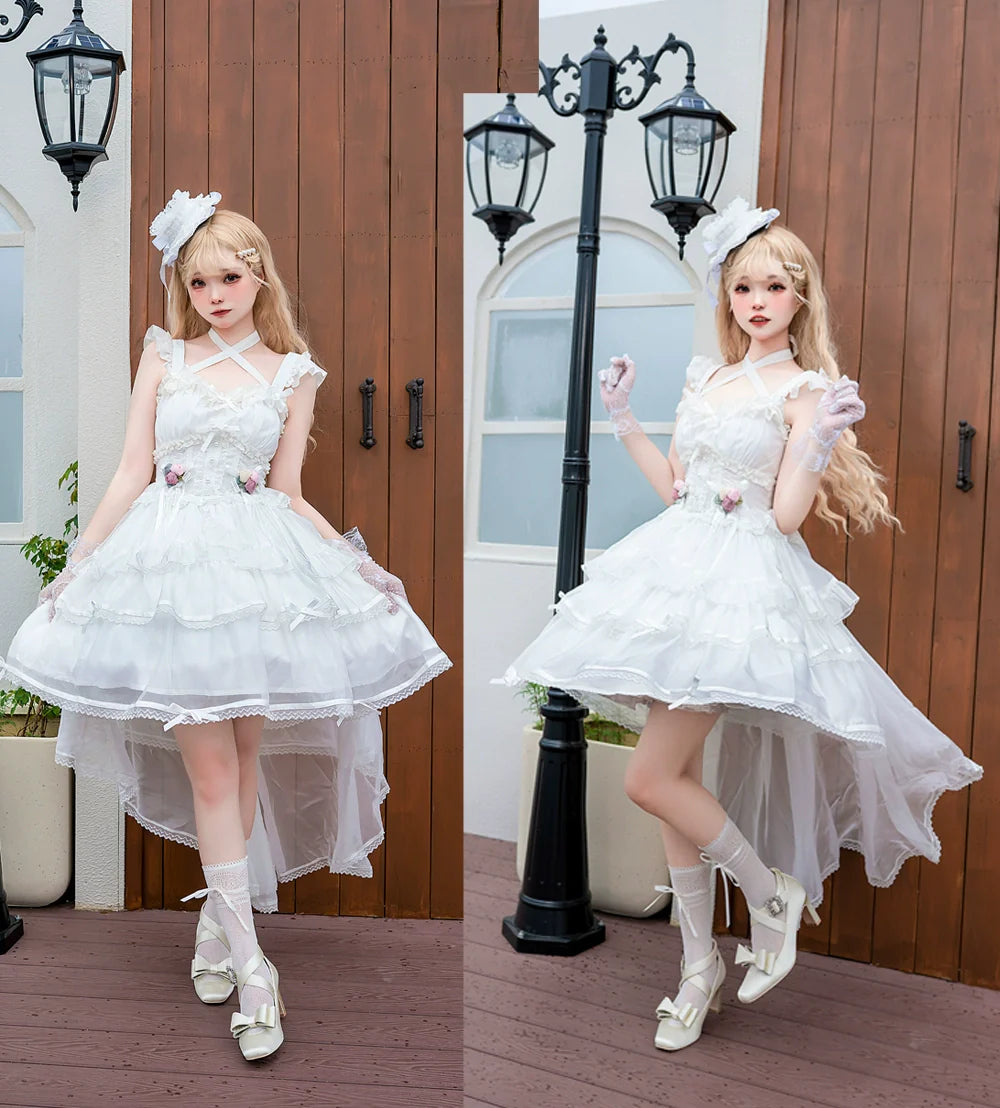 Elegant, lightweight wedding-style Lolita dress with a ballet-girl silhouette and ruffled details, inspired by cotton-candy motifs