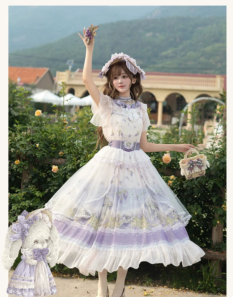 Lolita Dress - Delicate Purple - hued with Floral Patterns, Short - sleeved and Floor - length