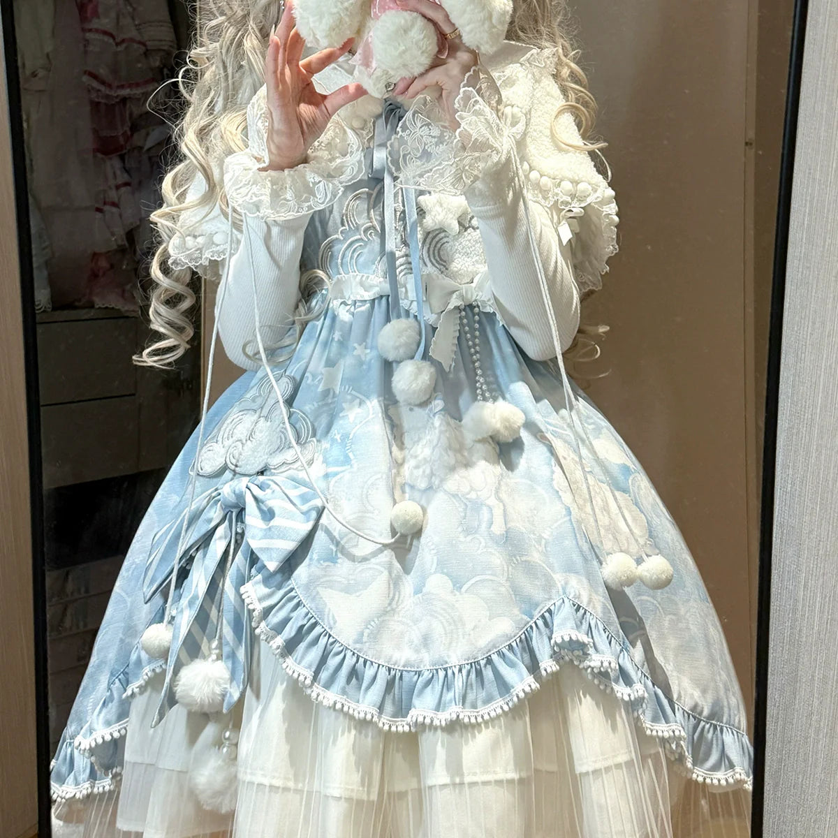 Lolita Dress with Fluffy Ears Headband - Sweet Pastel Blue and White Princess - Style Cosplay Costume