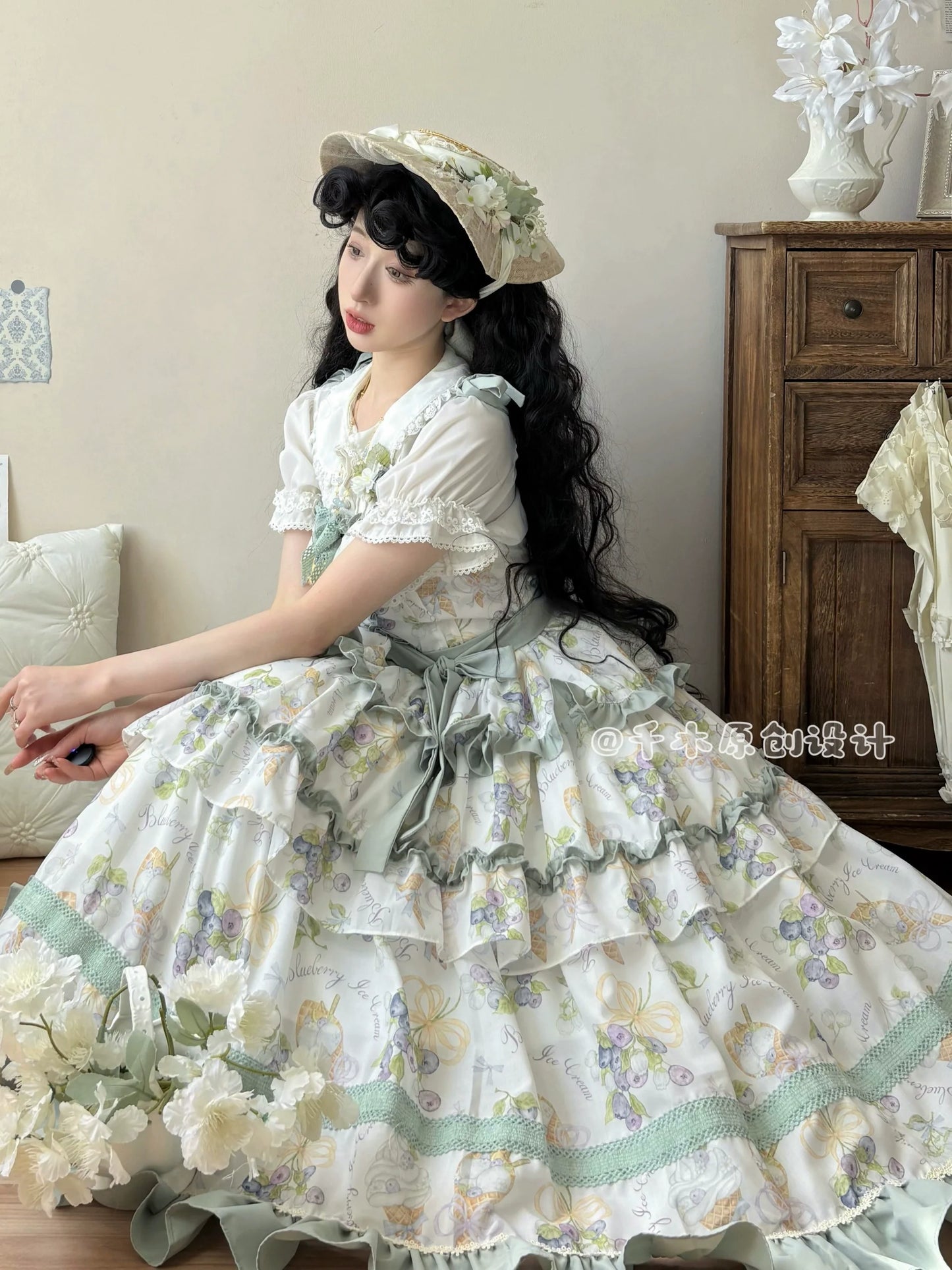 Pastel - hued Vintage - inspired Lolita Dress with Delicate Ruffles and Adorable Cartoon Prints