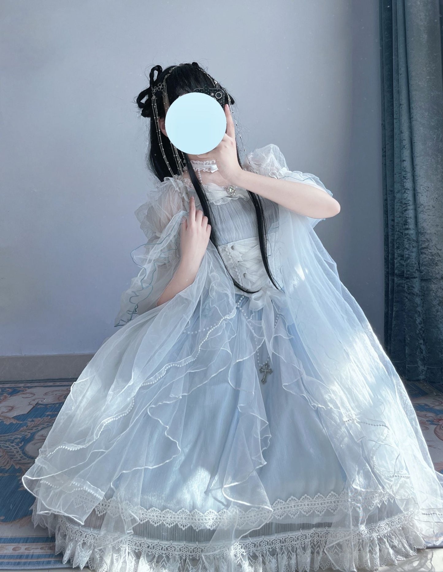 Ethereal Pastel Blue Lolita OP with Delicate Lace Accents and Adjustable Waist Ties