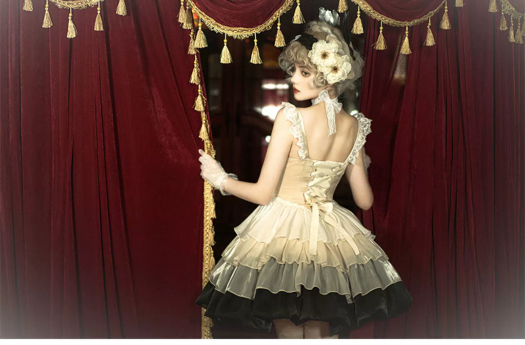 Paris Sunset JSK Fishbone with Built-in Bra Pads, Layered Skirt, Dramatic Full-Skirt Streamer Lolita Dress for All Seasons