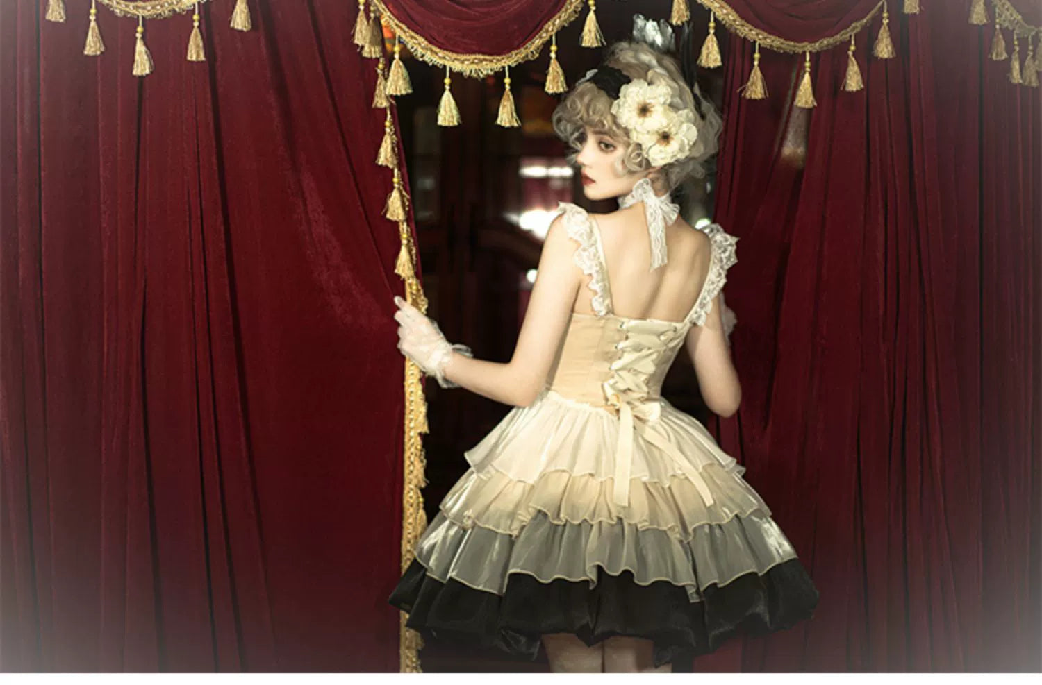 Paris Sunset JSK Fishbone with Built-in Bra Pads, Layered Skirt, Dramatic Full-Skirt Streamer Lolita Dress for All Seasons