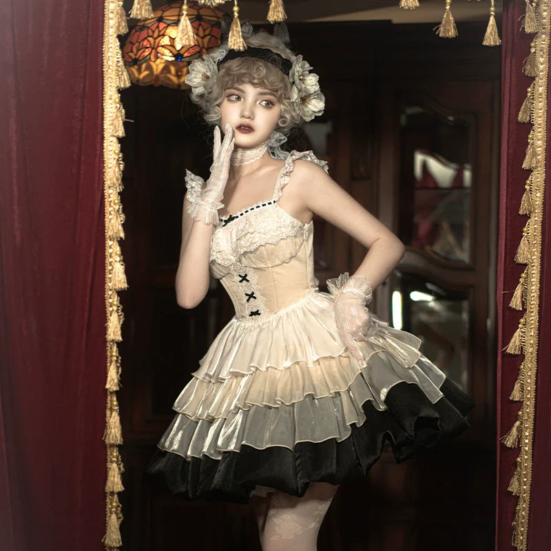Paris Sunset JSK Fishbone with Built-in Bra Pads, Layered Skirt, Dramatic Full-Skirt Streamer Lolita Dress for All Seasons