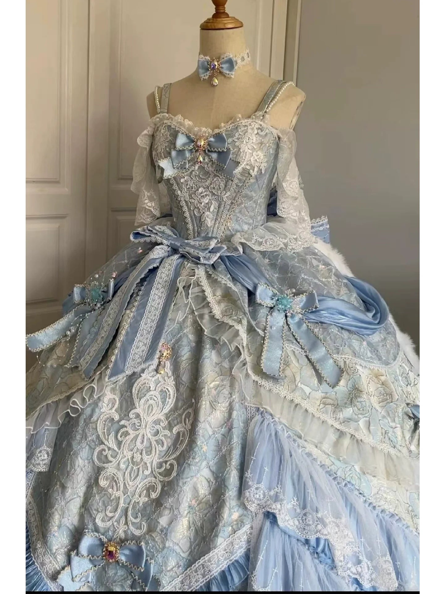 Dreamy Light - Blue Lolita Grand Ball Gown with Intricate Lace and Elegant Bow Decorations