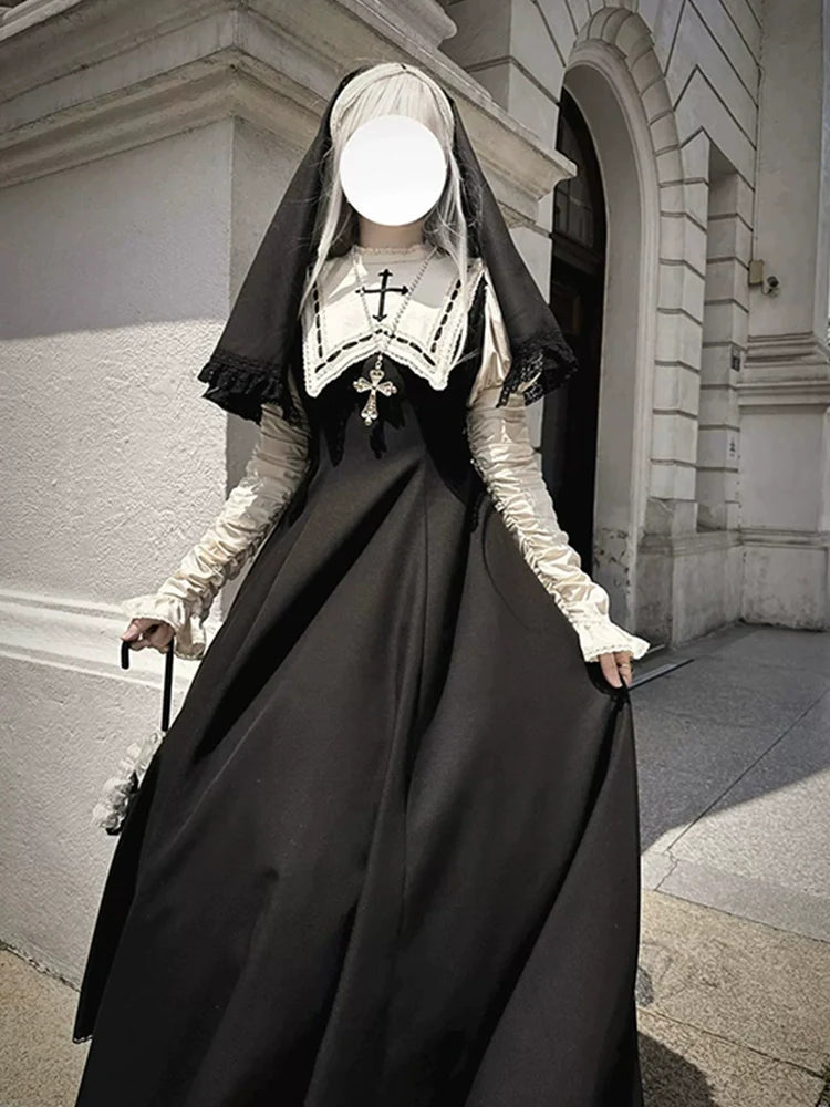 Evening dress dark goth nun style lolita dress cla tie OP gorgeous elegant christmas cos dress