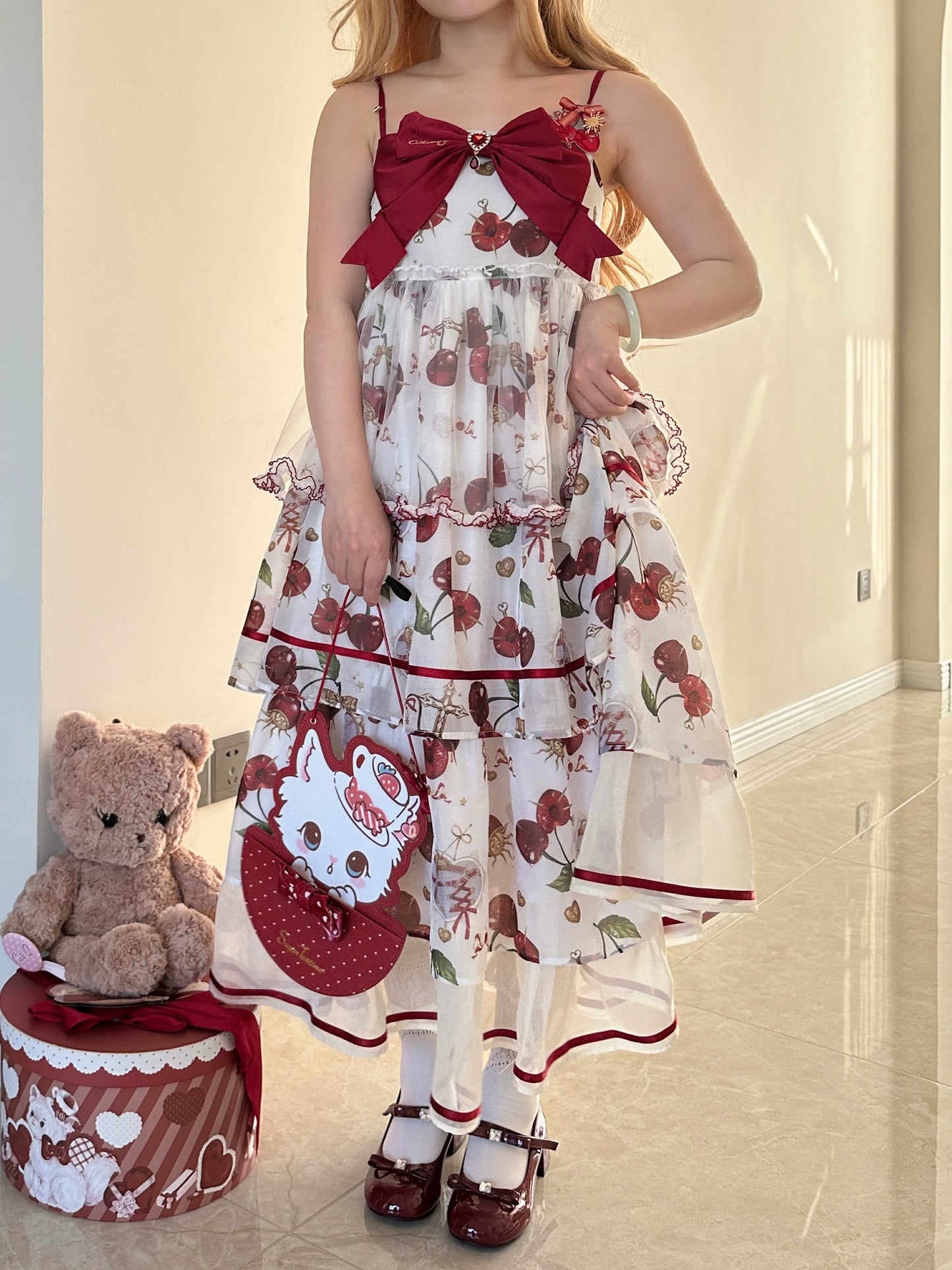 S-2XL Cherry Blossom Delight Lolita Dress – Sweet Vintage Print JSK/OP in Black, Red, Gray & White