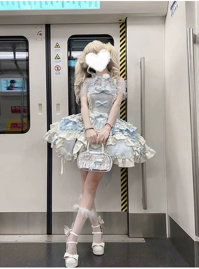 Gothic Heart of Pearls Lolita Dress - Pastel Princess JSK with Layered Ruffles and Cross Embellishments