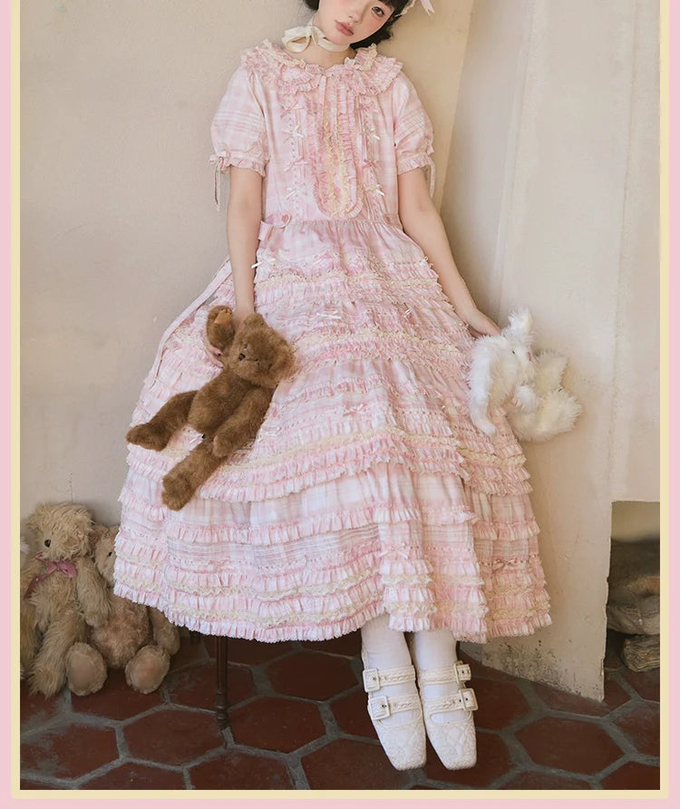 Pastel Pink Checkered Lolita Dress with Ruffled Skirt and Delicate Embellishments