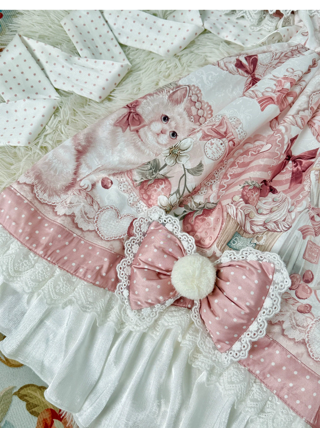 Lolita Capelette Dress Set with Bow - detail and Lace Trim, Pastel Pink and White Color Scheme