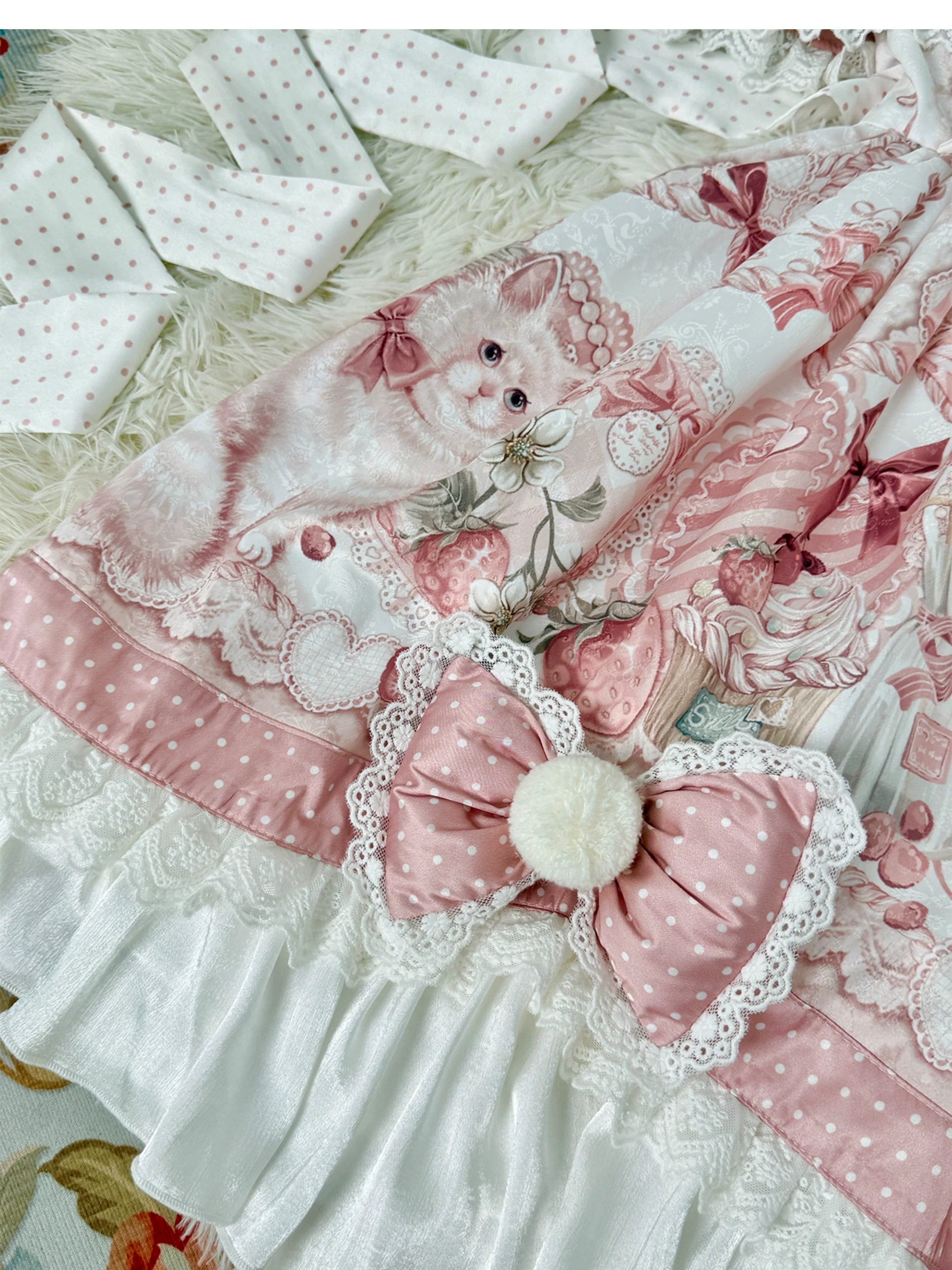 Lolita Capelette Dress Set with Bow - detail and Lace Trim, Pastel Pink and White Color Scheme