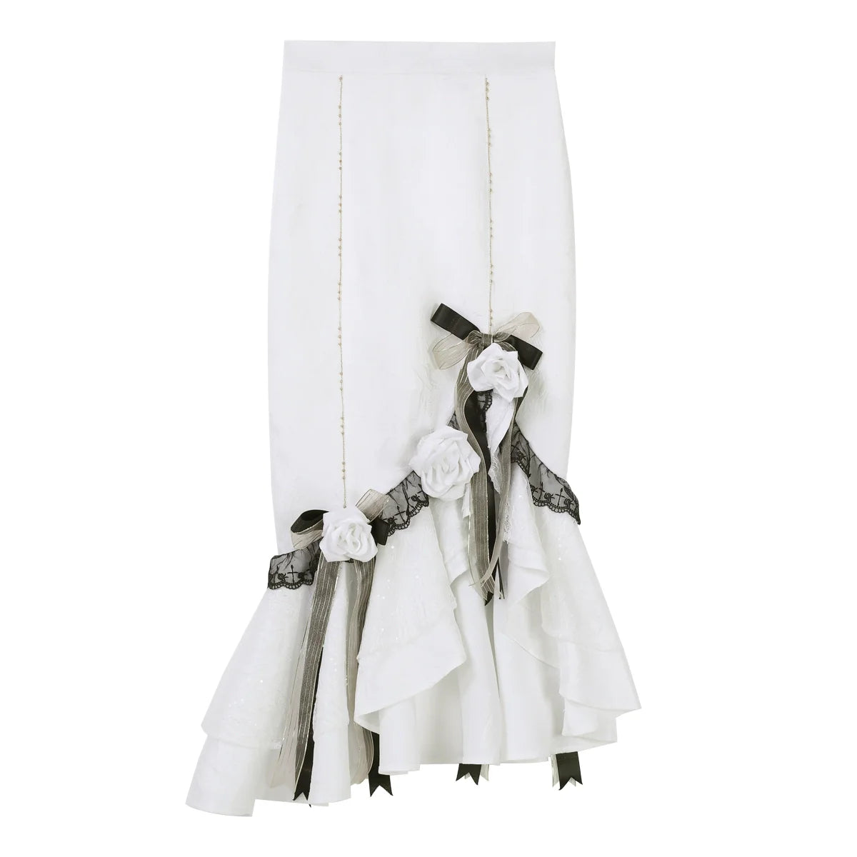 White Gothic-style dress set: court-inspired top and mermaid skirt with waist belt