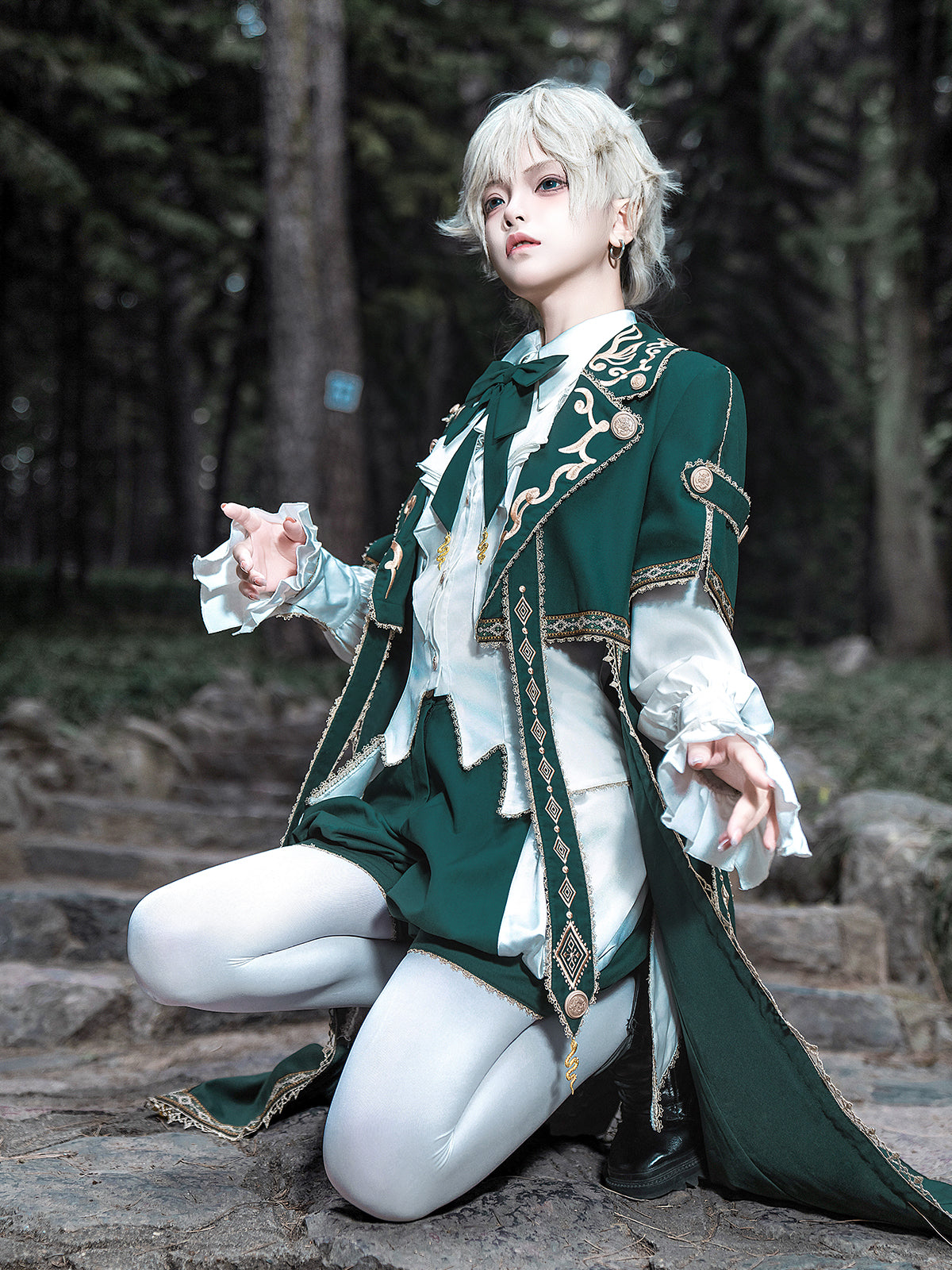 Elegant Dark Green Lolita Prince Set with Gold Embroidery - Versatile Themed Outfit