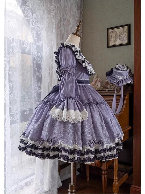 Elegant Lavender Lolita OP Dress with Lace and Ruffled Trims - Versatile and Whimsical Vintage-Inspired Fashion