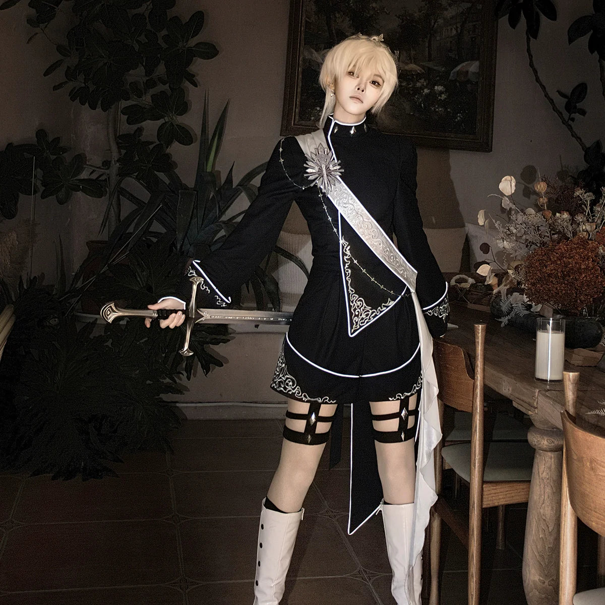 Vintage Dark Gothic Prince-style Suit with Suspenders and Shorts — Dashing and Handsome