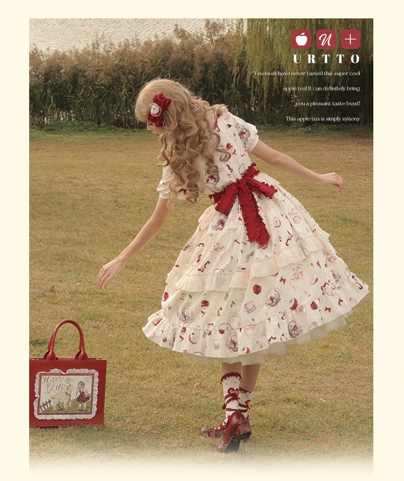 Vintage Whimsy Lolita OP - Cream Floral Pattern with Red Accents