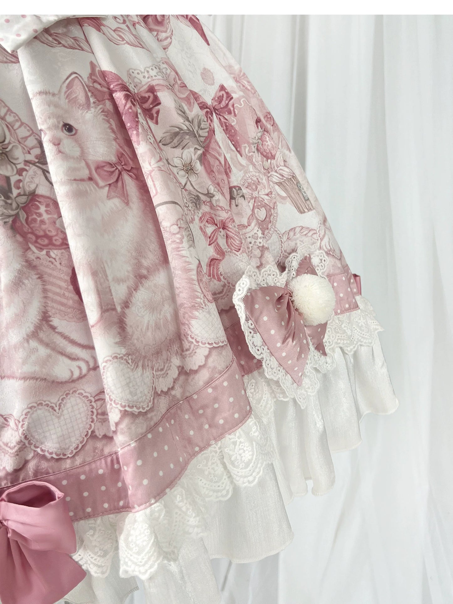 Lolita Capelette Dress Set with Bow - detail and Lace Trim, Pastel Pink and White Color Scheme