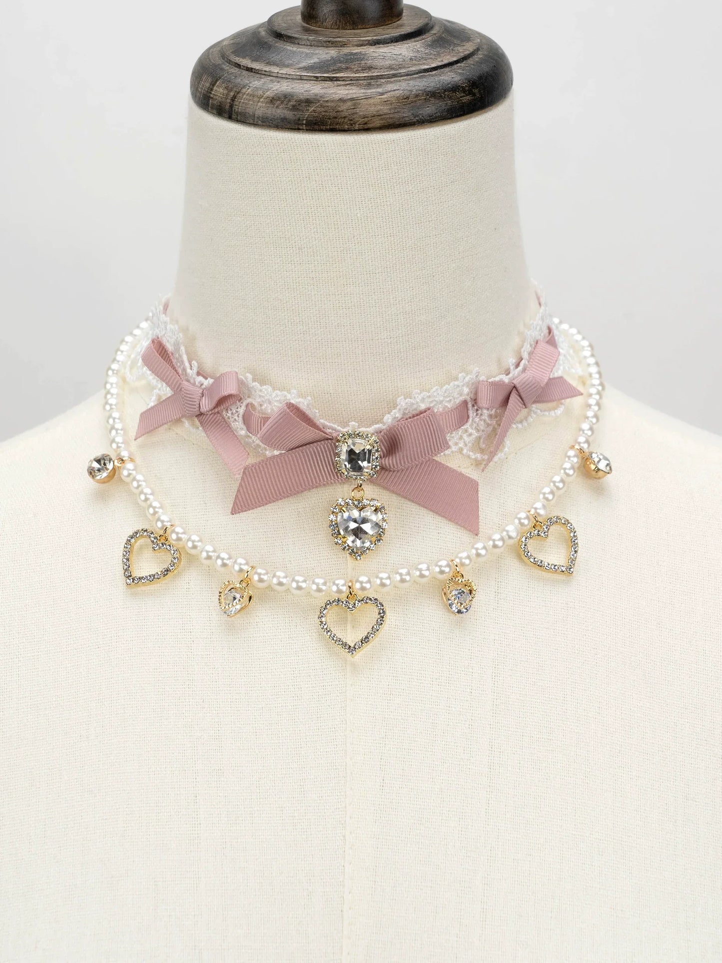 Edgy Punk Style Elaborate Double-Layer Necklace with Pearls and Gemstone Choker Lolita Collarbone Chain