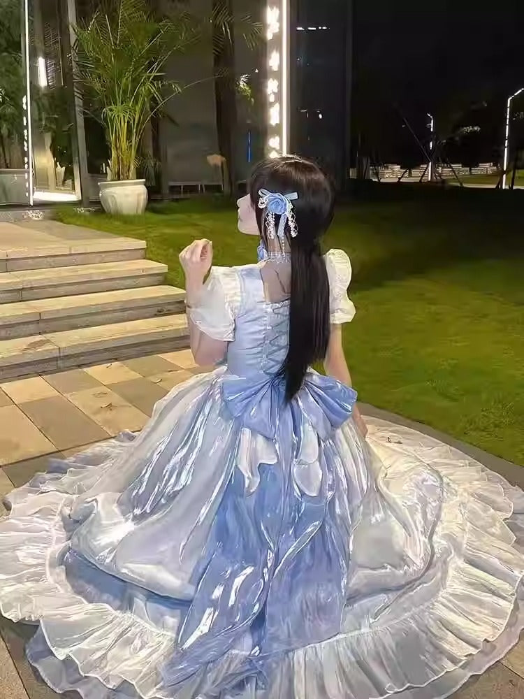 Blue Adult Formal Dress, Big Flower Bridal Lolita Dress, OP Lolita, Gorgeous Escaping Puffy Tailed Princess Dress