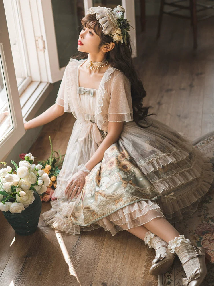 Vintage Floral Lolita Dress with Tulle Layers, Off - the - Shoulder Sleeves & Delicate Headpiece