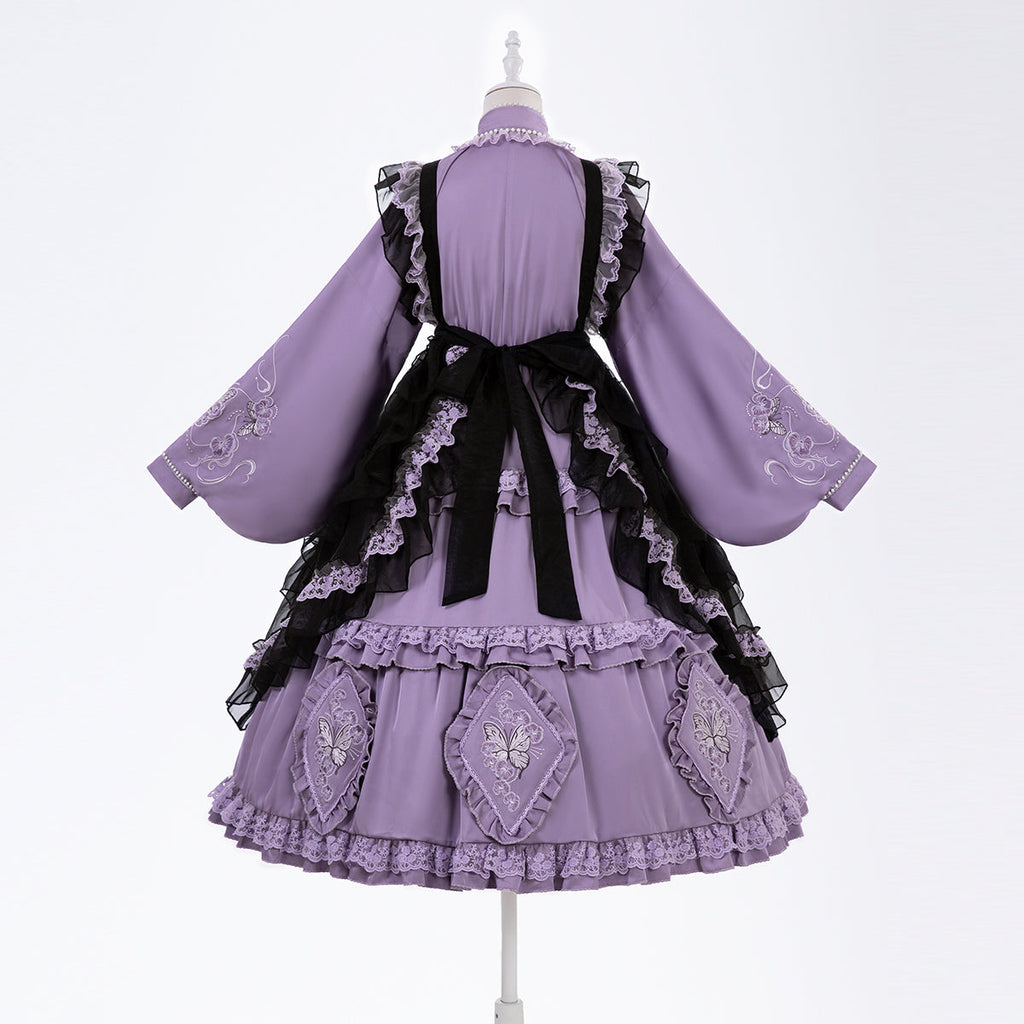Elegant Purple and Black Lolita Dress with Detachable Apron and Intricate Lace Details