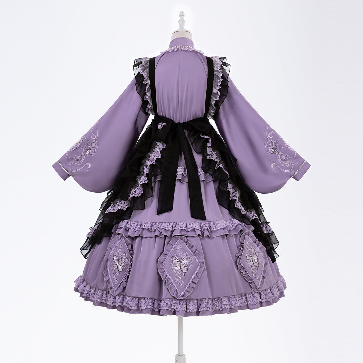 Elegant Purple and Black Lolita Dress with Detachable Apron and Intricate Lace Details
