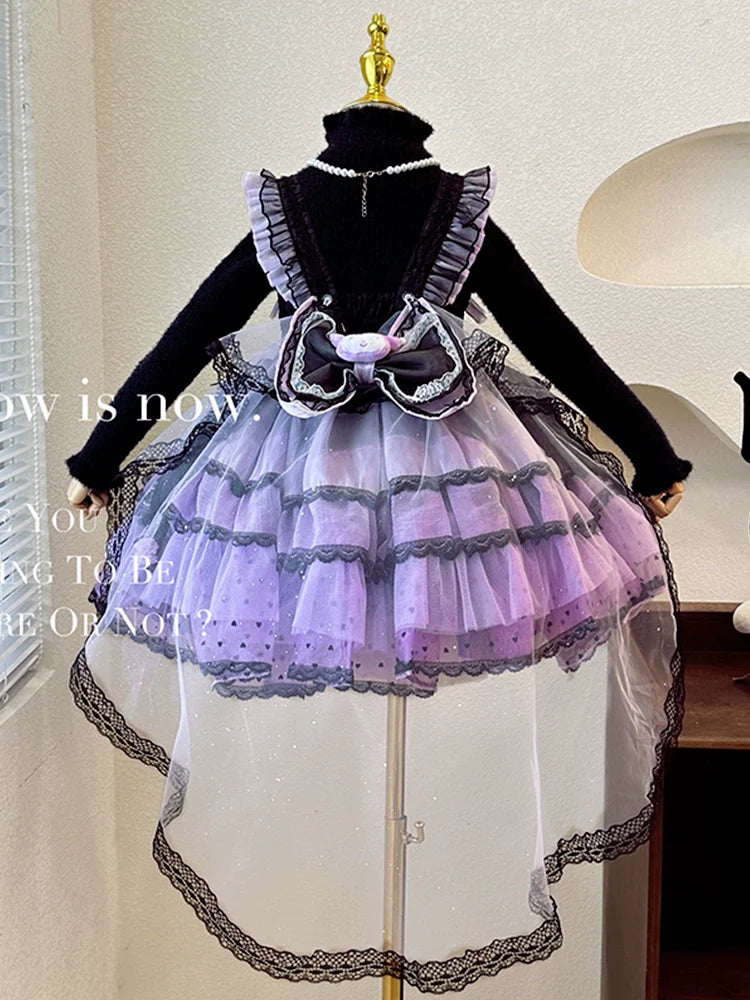 Elegant Black and Purple Lolita Dress for Girls - Intricate Lace and Ruffled Skirt - Perfect for Tea Parties and Special Occasions