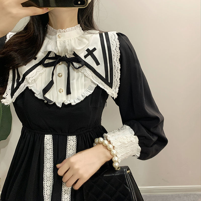 Vintage Checkered Lolita Dress with Detachable Apron - Black and White Ensemble
