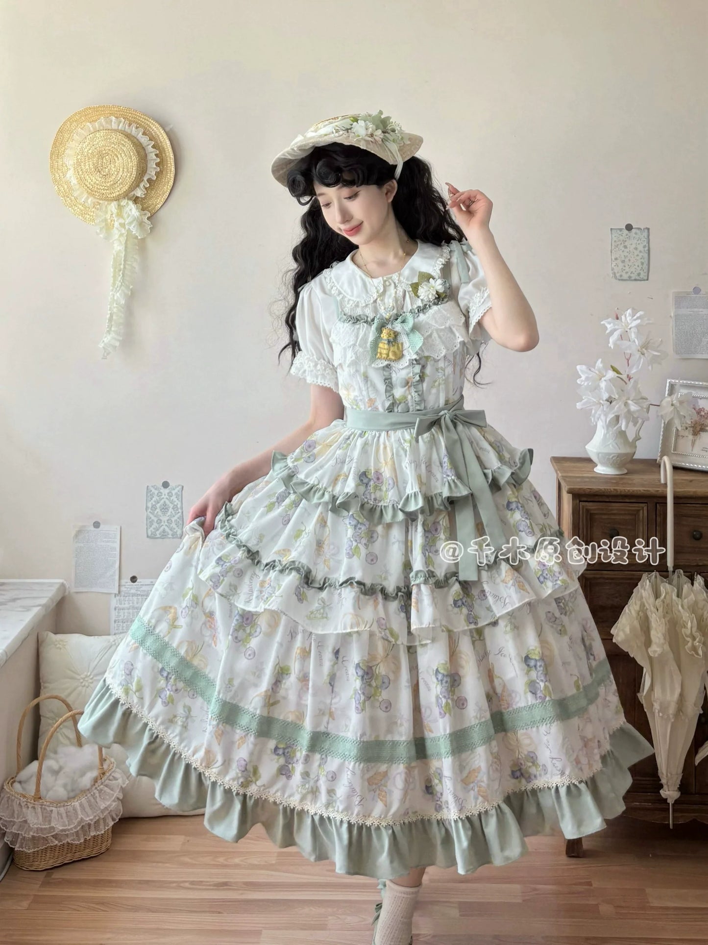 Pastel - hued Vintage - inspired Lolita Dress with Delicate Ruffles and Adorable Cartoon Prints