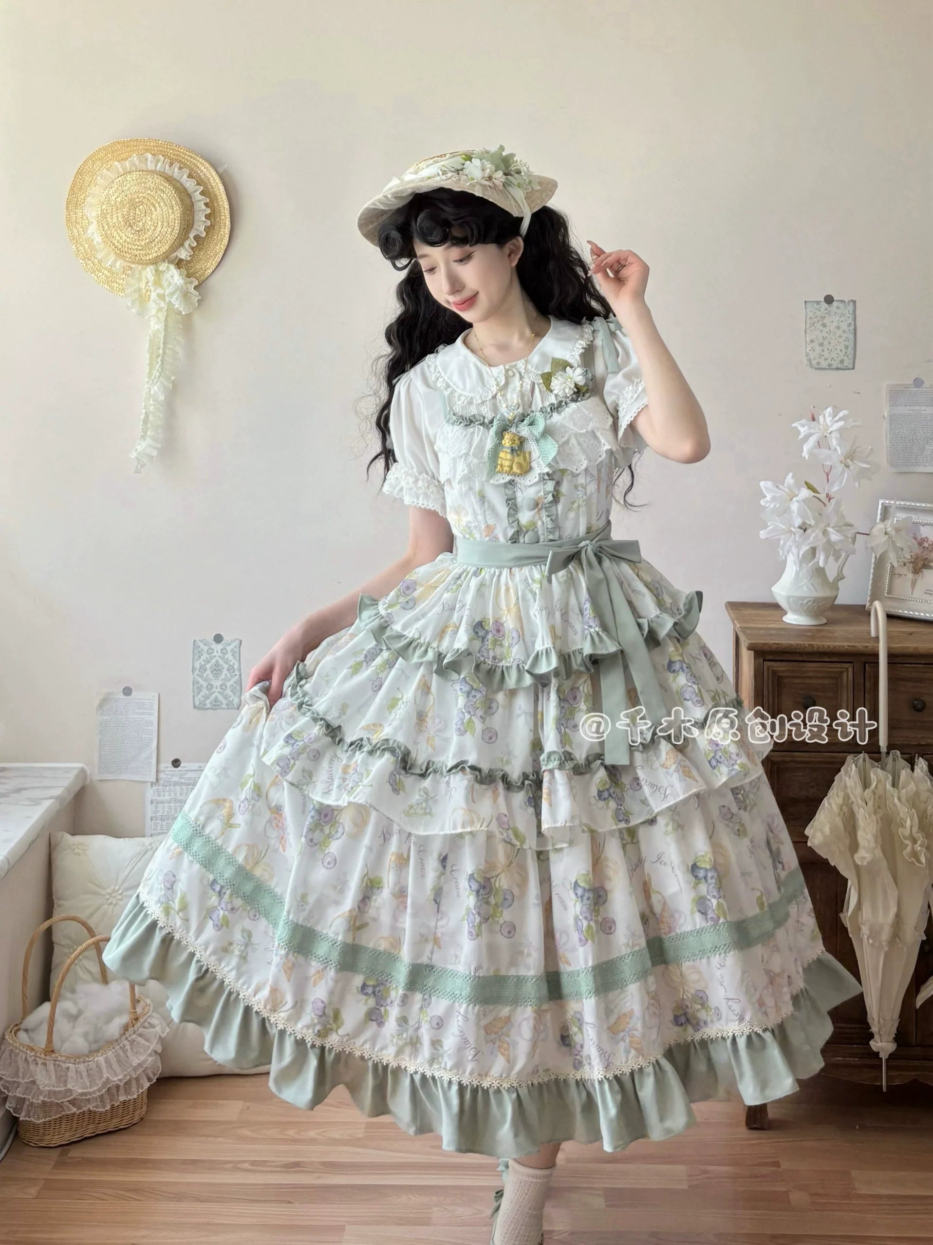 Pastel - hued Vintage - inspired Lolita Dress with Delicate Ruffles and Adorable Cartoon Prints